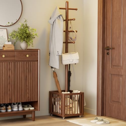 Solid Wood Freestanding Coat Rack with 10 Adjustable Hooks, Storage Basket and Lockable Casters, Organizes Hats, Clothes and Bags for Entryway, Bedroom, Living Room by YQJJGL