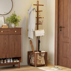 Solid Wood Freestanding Coat Rack with 10 Adjustable Hooks, Storage Basket and Lockable Casters, Organizes Hats, Clothes and Bags for Entryway, Bedroom, Living Room by YQJJGL
