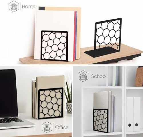 GEOMOD Premium Geometric Black Honeycomb Bookends for Shelves, Metal Book Ends Office, L-Shaped Stopper, Rustproof Decorative Unique Home, 6.25 (L) x 6 (W) inches, 2 Pairs - Geomod, (Pair of 2) - Image 6