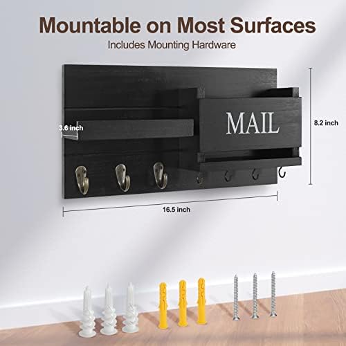 Lwenki Mail Organizer for Wall Mount – Key Holder with Shelf Includes Letter Holder and Hooks for Hallway Farmhouse Decor – Rustic Wood with Flush Mounting Hardware (16.5” x 9.1” x 3.4”) (Black) - Image 7