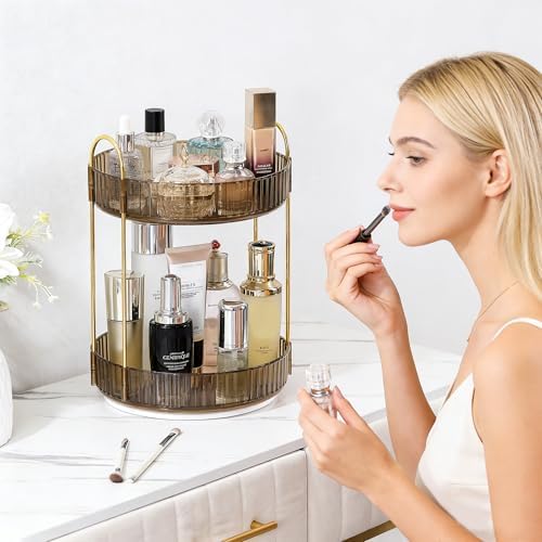 Aveniee 360 Rotating Makeup Organizer for Vanity, Perfume Sincare Organizers Bathroom Countertop Storage, Clear Cosmetics Lipstick Holder for Dresser,2 Tiers, Brown - Image 6