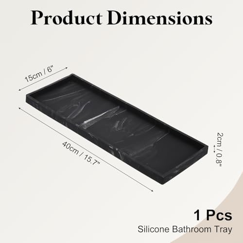 uxcell Bathroom Vanity Tray, 15.7" x 6" Silicone Soap Dispenser Trays, Shatterproof Kitchen Sink Organizer for Soaps Keys Candle Trinket, Marble Black - Image 2