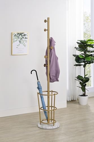 KB Designs - Gold Metal Hall Tree Coat Rack Stand with Umbrella Holder for Entryway Hanging Clothes, Hats, Bags by KB+Designs