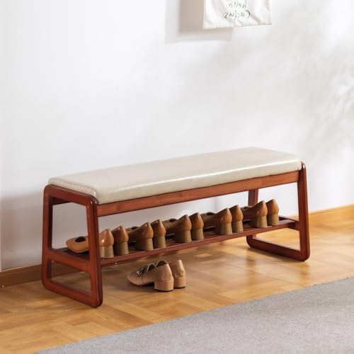 latifolia Solid Wood Bench, Entryway Shoe Bench with Cushion, 2 Tier Shoe Storage Organizer for Hallway, Living Room(Grey,39.70''L) by Latifolia