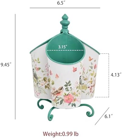 360° Rotating Metal Pen Holder for Desk, Cute Floral Bird Desktop Organizer with Dome Roof, Pencil Cup & Remote Control Holder for Home Office (Green) - Image 2