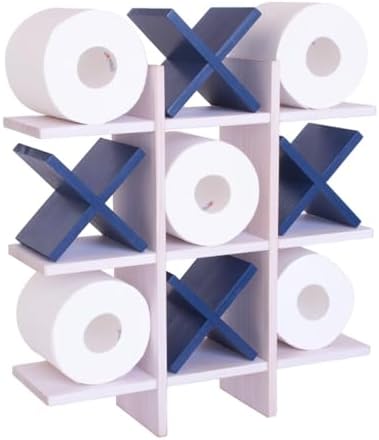DAOYOUSKY Tic Tac Toe Toilet Paper Holder Stand with 4pcs Wooden X, Farmhouse Rustic Wall Mounted Funny Toilet Papers Storage Organizer with Shelf, Guest Bathroom Decor, White and Blue by Unknown