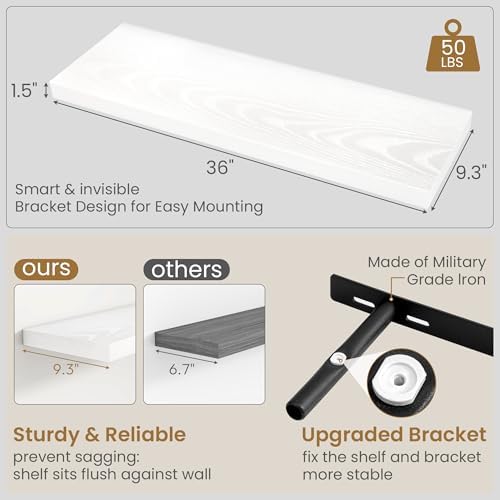 Fun Memories White Floating Shelves 36 Inch Long, 9.3 Inch Deep Floating Shelf 2 Pack for Wall Bathroom, Living Room, Kitchen, Large Long Wall Shelves with Heavy-Duty Bracket for Books Decor - Image 3