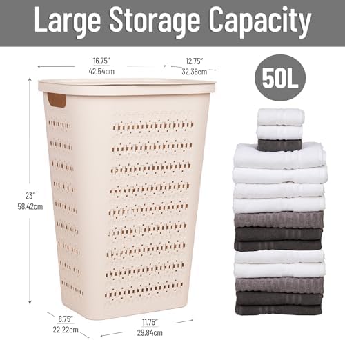 Mind Reader Slim Tapered Laundry Hampers with Lid, Clothes Basket with Swiss Cross Cut-Outs, Lightweight & Ventilated, Plastic, Set of 2, Ivory - Image 3