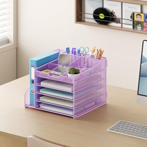 Lavatino 5-Tier Metal Mesh Desk Organizer with File Holder & 7 Customizable Compartments | Paper Letter Tray for Office or Home Desk Storage | Keep Workspace Supplies Neat & Organized, Purple - Image 5