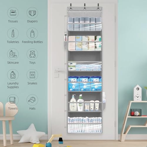 Over Door Organizer with 6 Extra Large Pockets 12 Side Pockets, Sturdy Closet Storage Rack, Hanging Storage Organizer with Clear Window for Shoes, Diaper, Bedroom, Bathroom, Grey, 6-Pack - Image 7