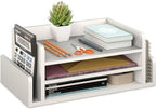 Ballucci 3-Tier Desk Organizer with 2 Side Mail Sorter Slots, Wood Letter Tray, Open Top Paper Organizer, Desktop File Organizer, White by Ballucci