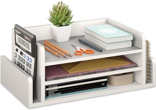 Ballucci 3-Tier Desk Organizer with 2 Side Mail Sorter Slots, Wood Letter Tray, Open Top Paper Organizer, Desktop File Organizer, White by Ballucci