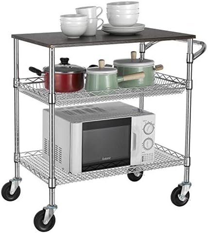 Finnhomy 3 Tier Heavy Duty Commercial Grade Utility Cart with Wood Top, Wire Rolling Cart with Handle Bar, Steel Service Cart with Wheels, Utility Shelf Food Storage Trolley, NSF Listed - Image 2