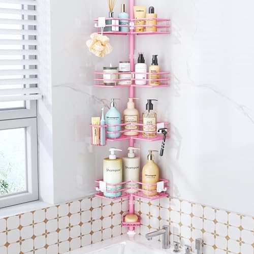 HapiRm Corner Shower Caddy Organizer - Shower Organizer Corner with Soap Holder, Toothbrush Holder and 4 Hooks, Rustproof Bathroom Shelf Tension Pole Available for 27.6 to 108.3 Inch - Pink by HapiRm