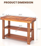 Tangkula Acacia Wood Shoe Rack Bench, 3 Tier Sturdy Storage Organizer, Holds up to 180lbs for Entryway Bedroom Living Room Balcony, Teak Color (27.5-inch) - Image 3