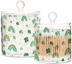 Green Shamrocks and Rainbows Qtip Holder Waterproof Dustproof Apothecary Jars with Lids For Bathroom Cotton Swabs Makeup Sponges Floss Picks Bath Salts 2 Pack - Image 2