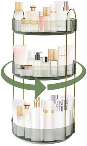 INVSSENE 360° Rotating Makeup Organizer, Bathroom Make Up Spinning Holder Rack, Large Capacity Cosmetics Storage Vanity Shelf Countertop, Fits Cosmetics, Perfume, Skincare(3 Tiers, Green) - Image 2