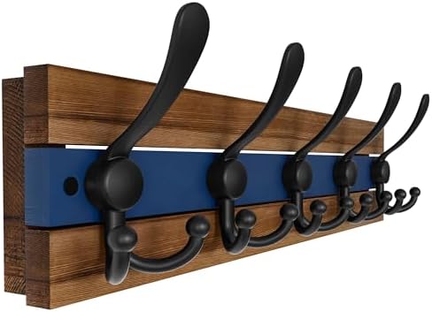 SKOLOO Rustic Wall Mounted Coat Rack - 16-7/8" Long Coat Hooks for Wall with 5 Triple Hooks for Hanging Coats, Hats or Tools, Western National Parks Collection, Wood Brown & Blue by SKOLOO