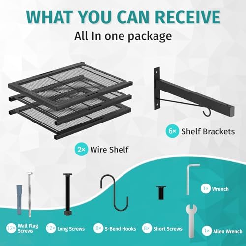 2 Pack Garage Wall Shelving, 46'' x 12.6'' Garage Shelf Wall Mounted, Heavy Duty Storage Shelves 360 LBS Capacity, Floating Storage Rack with 8 Hooks, Metal Shelf Organizer for Basement, Workshop - Image 6