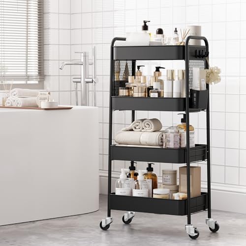 TOOLF 4 Tier Rolling Cart, Metal Utility Storage Cart with Pegboard, Black - Image 4