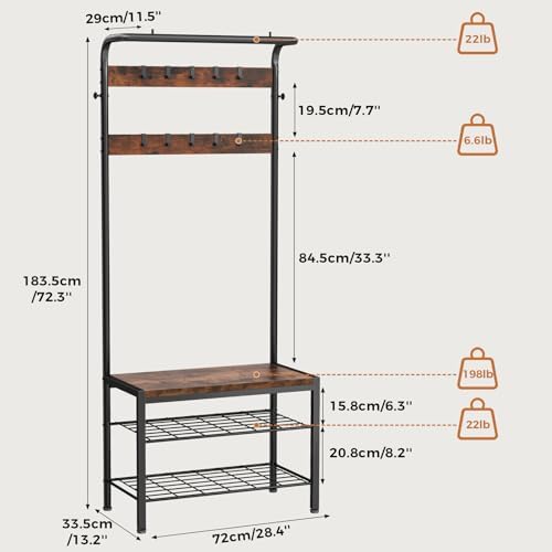 Hall Tree with Bench and Shoe Storage, 4-in-1 Entryway Organizer with 10 Hooks and Storage Shelf,Coat Rack Freestanding with 2-Tier Storage Shelf for Living Room, Bedroom Rustic - Image 3