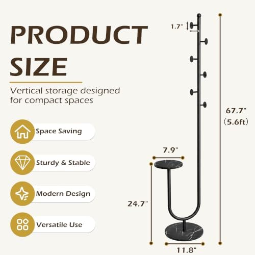 Metal Coat Rack Freestanding, Marble Table & Base, 6 Hooks, Black - Image 3