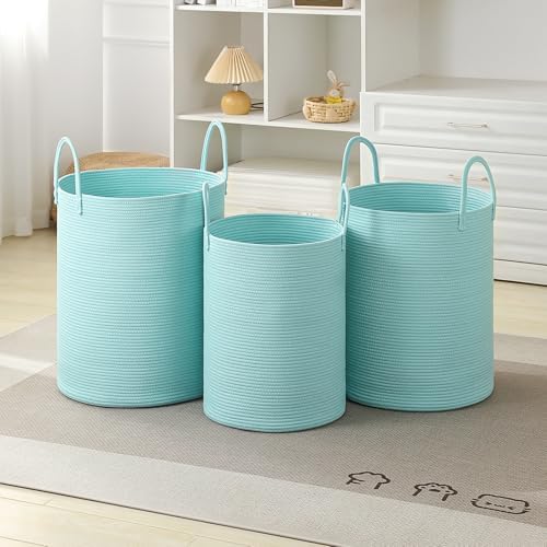 Laundry Basket Hamper Tall Rope Storage Woven for Blanket toys Dirty Clothes in Living Room Bathroom Bedroom (Cyan, 80L/21.3Gal) - Image 5