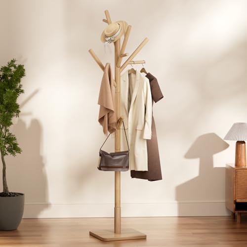 Solid Wood Coat Rack - Freestanding Coat Hat Rack Stand with 14 Hooks, Clothes Rack Heavy Duty Space Saving Entryway Coat Tree Hanger Rack for Coats Jackets Hats Bags, Adjustable Height (Natural) by Olpchee