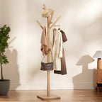 Solid Wood Coat Rack - Freestanding Coat Hat Rack Stand with 14 Hooks, Clothes Rack Heavy Duty Space Saving Entryway Coat Tree Hanger Rack for Coats Jackets Hats Bags, Adjustable Height (Natural) by Olpchee