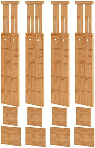 4.4" High Bamboo Drawer Dividers with Inserts, Kitchen Adjustable Drawer Organizers, Expandable Organization for Home, Office, Dressers, and Bathroom, 4 Divider with 8 Insert by VRICCC