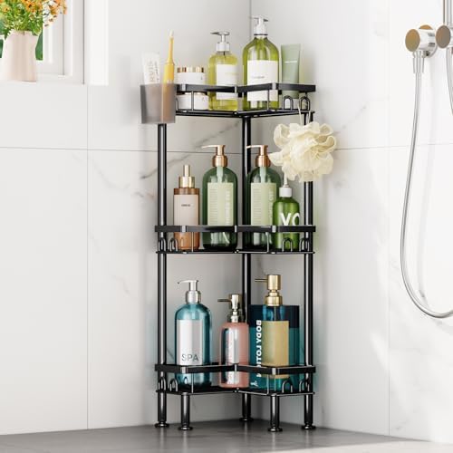 HapiRm Standing Shower Caddy Corner - 3 Tier Corner Shower Organizer with Toothbrush Holder and 12 Hooks, Large Capacity Rustproof Bathroom Shelves for Tall Bottles, Black by HapiRm