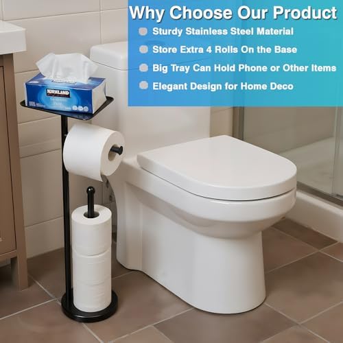 Toilet Paper Holder with Shelf, Freestanding Toilet Paper Stand with Storage Space for Holding Extra 4 Toilet Paper Rolls (Stainless Steel Base, Black) - Image 2