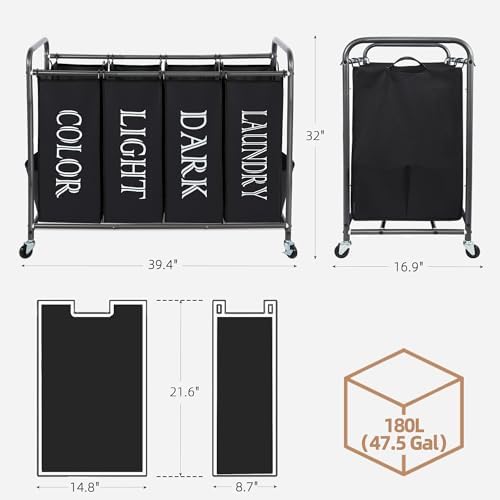 STORAGE MANIAC 4 Section Laundry Sorter Rolling Laundry Hamper, Label Black - Image 3