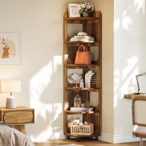 Tribesigns 6-Tier Corner Bookshelf, Tall Narrow Corner Shelf Bookcase with Hollow Design, Farmhouse Skinny Display Shelf for Living Room, Bedroom, Small Space, Yellow - Image 4