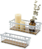 MyGift 13 and 12 Inch Nesting Storage Baskets with Handles, Wall Mounted or Tabletop White Metal Wire and Premium Acacia Wood Decorative Shelf Organizer Bins, 2 Piece Set by MyGiftHome