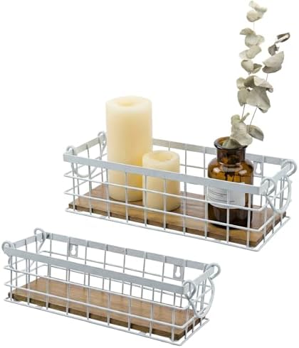 MyGift 13 and 12 Inch Nesting Storage Baskets with Handles, Wall Mounted or Tabletop White Metal Wire and Premium Acacia Wood Decorative Shelf Organizer Bins, 2 Piece Set by MyGiftHome
