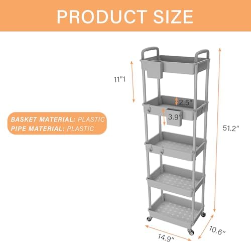 5 Tier Rolling Utility Cart with Handle,REBECAT Utility Cart Made of Multifunctional Storage Organizer Tool for Kitchen,Bathroom,Living Room,Office(Gray) - Image 3