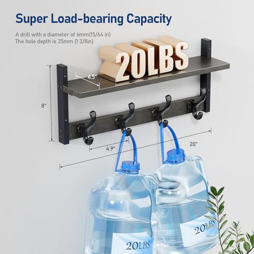 Tatub 20" Rustic Coat Rack Wall Mount with Shelf, Wall Hooks with Shelf, Heavy Duty Entryway Organizer Hangers for Hanging, Hat, Bag, Jacket for Bathroom, Living Room, Bedroom, Ebony - Image 7