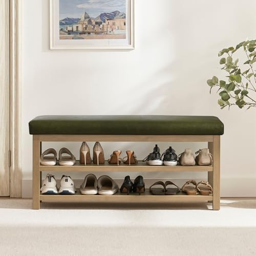 Zihanhome Shoe Rack Bench with Leather Cushion, 2 Tier Solid Wood Storage Bench, Mid-Century Modern Shoe Bench for Entryway, Hallway, Closet, Front Door Entrance, Foyer (Green, 46.5) by Zihanhome