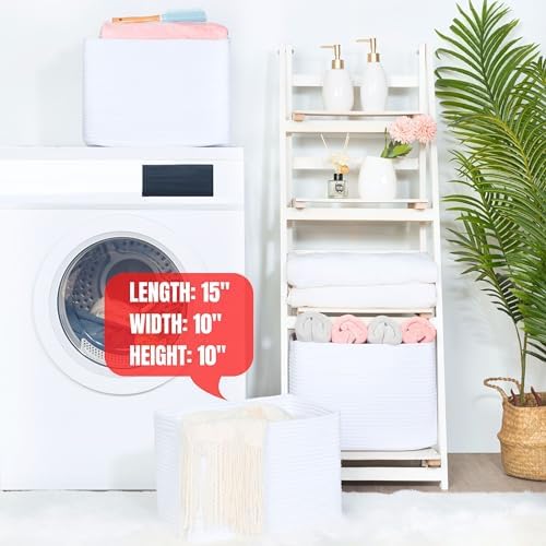 MINTWOOD Design 3-Pack Decorative Woven Storage Baskets for Shelves, Cube Bin Box for Organizing Books, Shoes, Dog Toys, Pantry Closet and Living Room Organizer, Full White - Image 6