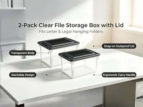 2-Pack 32 Quart Clear Plastic File Box with Lid, Letter Legal File Storage - Image 2