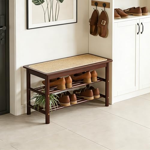 latifolia Shoe Rack Bench, 3-Tier Bamboo Shoe Bench with Breathable Rattan Seat Cushion, Shoe Storage Rack for Entryway(Walnut,39.70''L) - Image 7