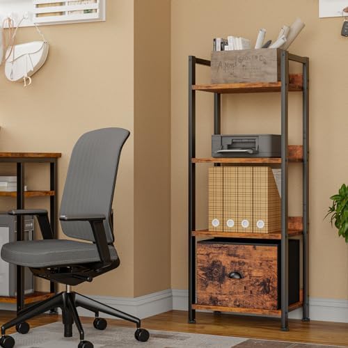 Furologee 4 Tier Bookshelf with Drawer, Small Narrow Bookcase, Rustic Brown - Image 6