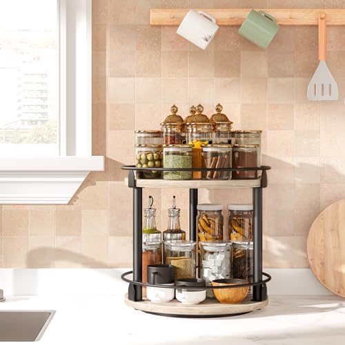 YATINEY Lazy Susan Organizer, Rotating Spice Rack, 2 Tier Spice Turntable Organizer, Industrial Turntable Spice Holder, for Kitchen Countertop and Cabinet, Compact and Versatile, Greige SR22BG - Image 2