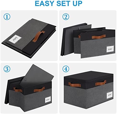 Extra Large Storage Bins with Lids, Foldable Fabric Storage Baskets with Lids, Sturdy Storage Boxes with Labels and 3 PU Handles for Closet Home Bedroom Office (32L, 3 Packs, Grey&Black) - Image 4