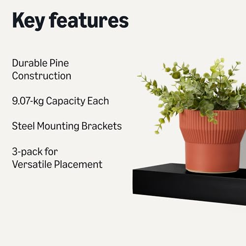 Amazon Basics Wood Floating Wall Shelves, 3-Pack, Black, 15.8" x 5" x 1.8" - Image 3