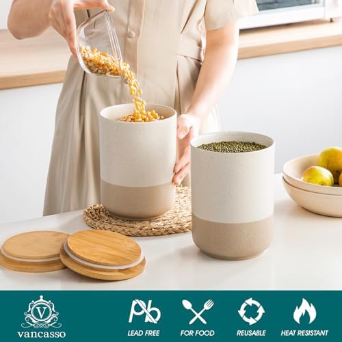 vancasso Sabine Large Ceramic Canister Set with Airtight Wood Lids - 2-Piece Kitchen Food Storage Jars for Flour, Sugar, Coffee & Tea (74 oz Each) - Big Capacity Countertop Jars - Image 3