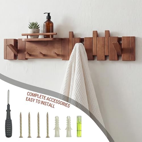Mid Century Modern Wood Coat Rack Wall Mount with Shelf, 9 Hooks, Walnut - Image 6