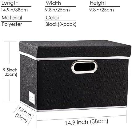 PRANDOM Foldable Storage Bin with Lid [5-Pack] Linen Fabric Decorative Storage Box Organizer Container Basket Cube with Handles Divider for Closet Office Living Room Black(14.9x9.8x9.8) - Image 5