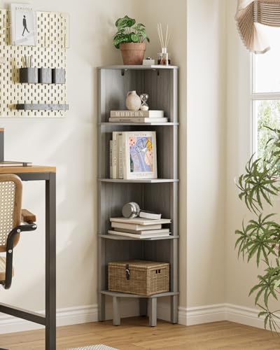 Corner Shelf, 5 Tier Corner Bookshelf, Display Corner Shelf Stand with Storage Rack, Wall Corner Bookshelf for Living Room, Bedroom, Office, Grey - Image 3